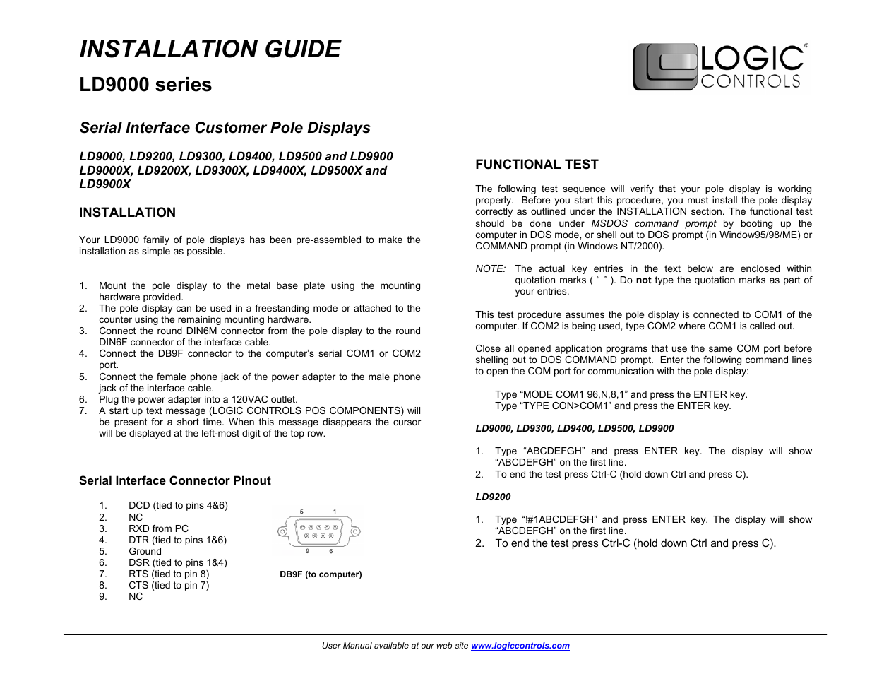 Installation guide, Ld9000 series, Serial interface customer pole displays | Installation, Functional test | Elo TouchSystems ESY1529L User Manual | Page 121 / 142