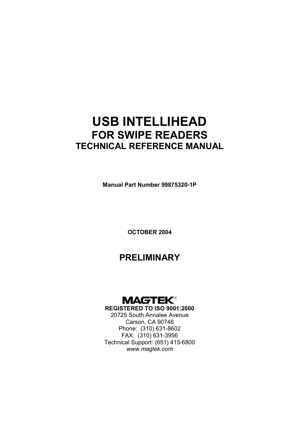 Usb intellihead, For swipe readers, Technical reference manual | Preliminary | Elo TouchSystems ESY1529L User Manual | Page 56 / 142