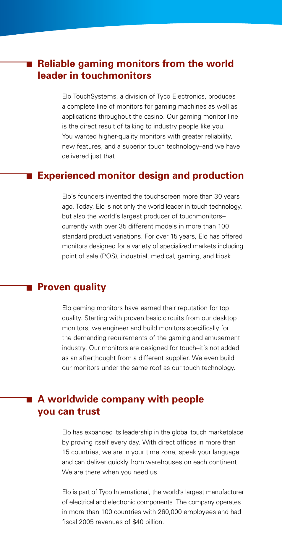 Experienced monitor design and production, Proven quality, A worldwide company with people you can trust | Elo TouchSystems Tyco User Manual | Page 3 / 10