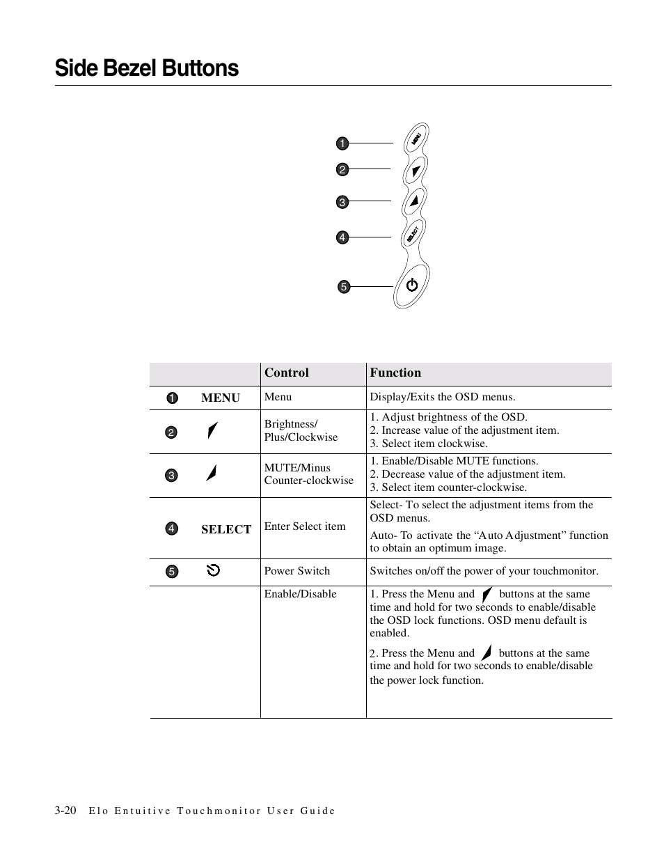 Side bezel buttons | Elo TouchSystems 1725L Series User Manual | Page 27 / 52