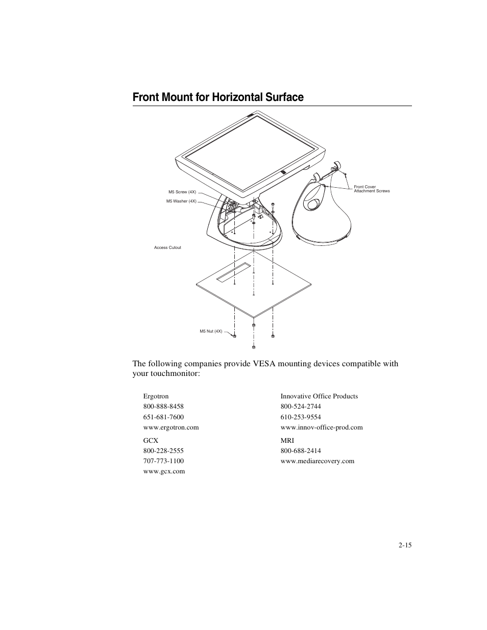 Front mount for horizontal surface | Elo TouchSystems 1925L Series User Manual | Page 19 / 55
