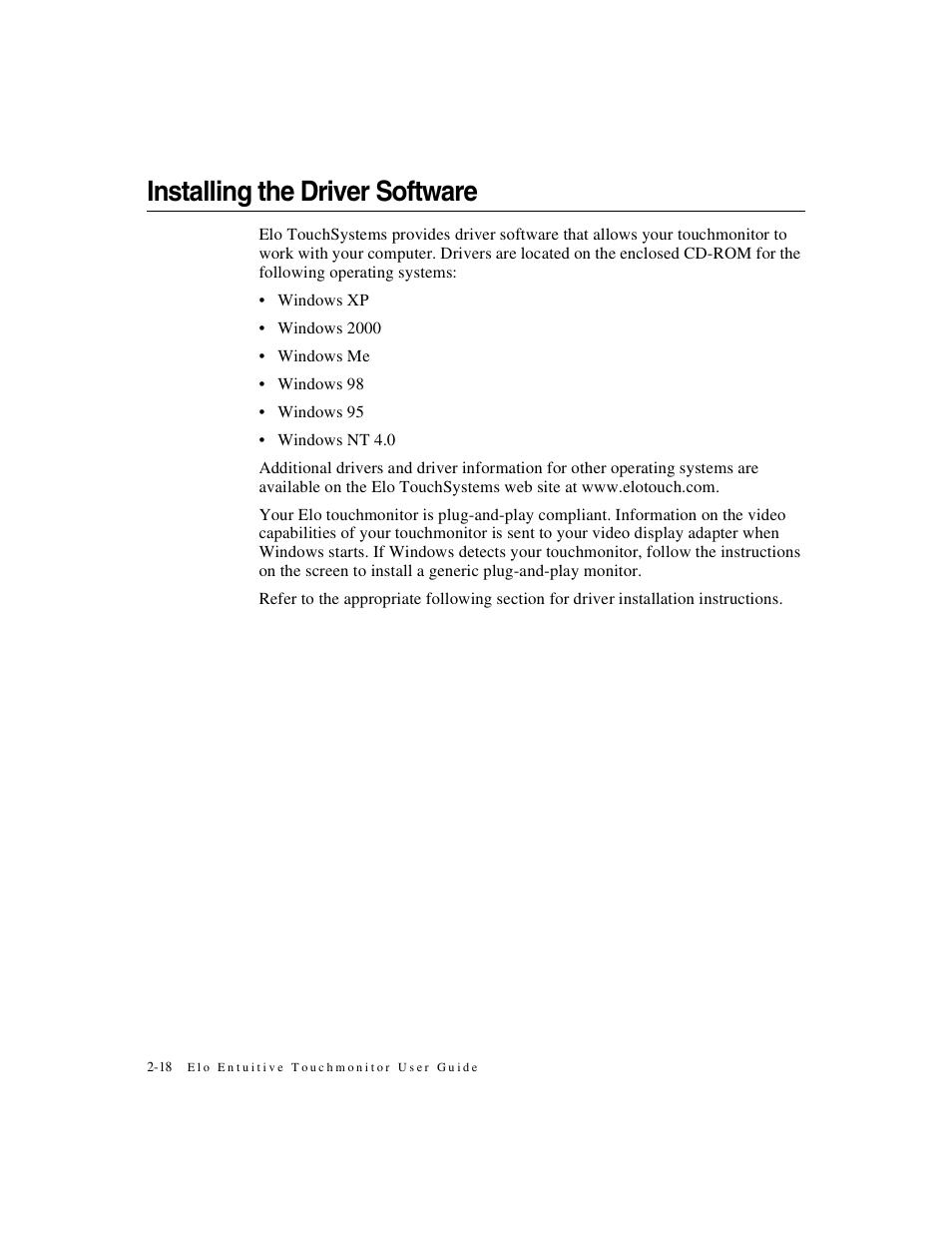 Installing the driver software | Elo TouchSystems 1925L Series User Manual | Page 22 / 55