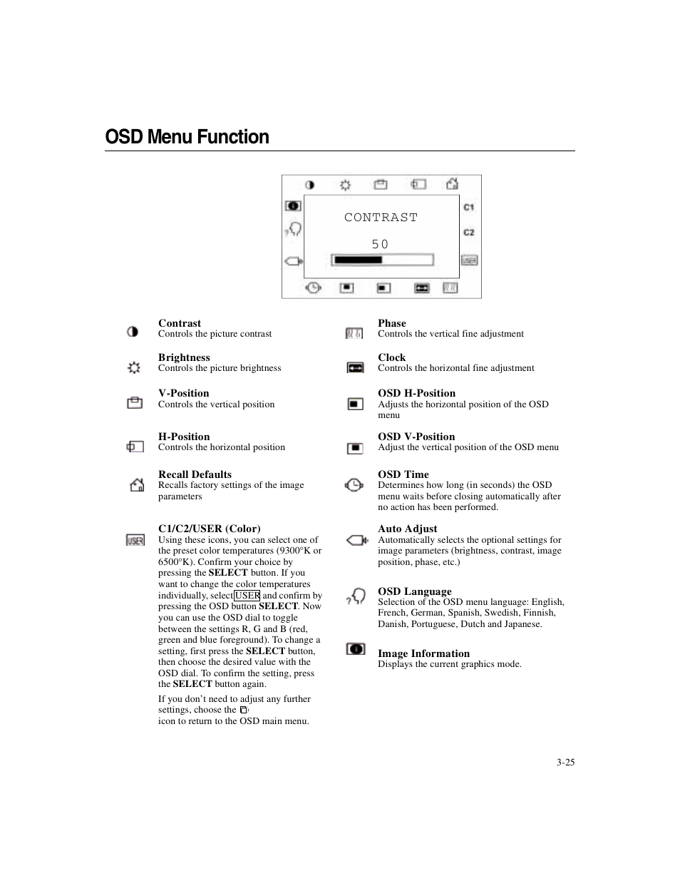 Osd menu function, Contrast 50 | Elo TouchSystems 1925L Series User Manual | Page 29 / 55