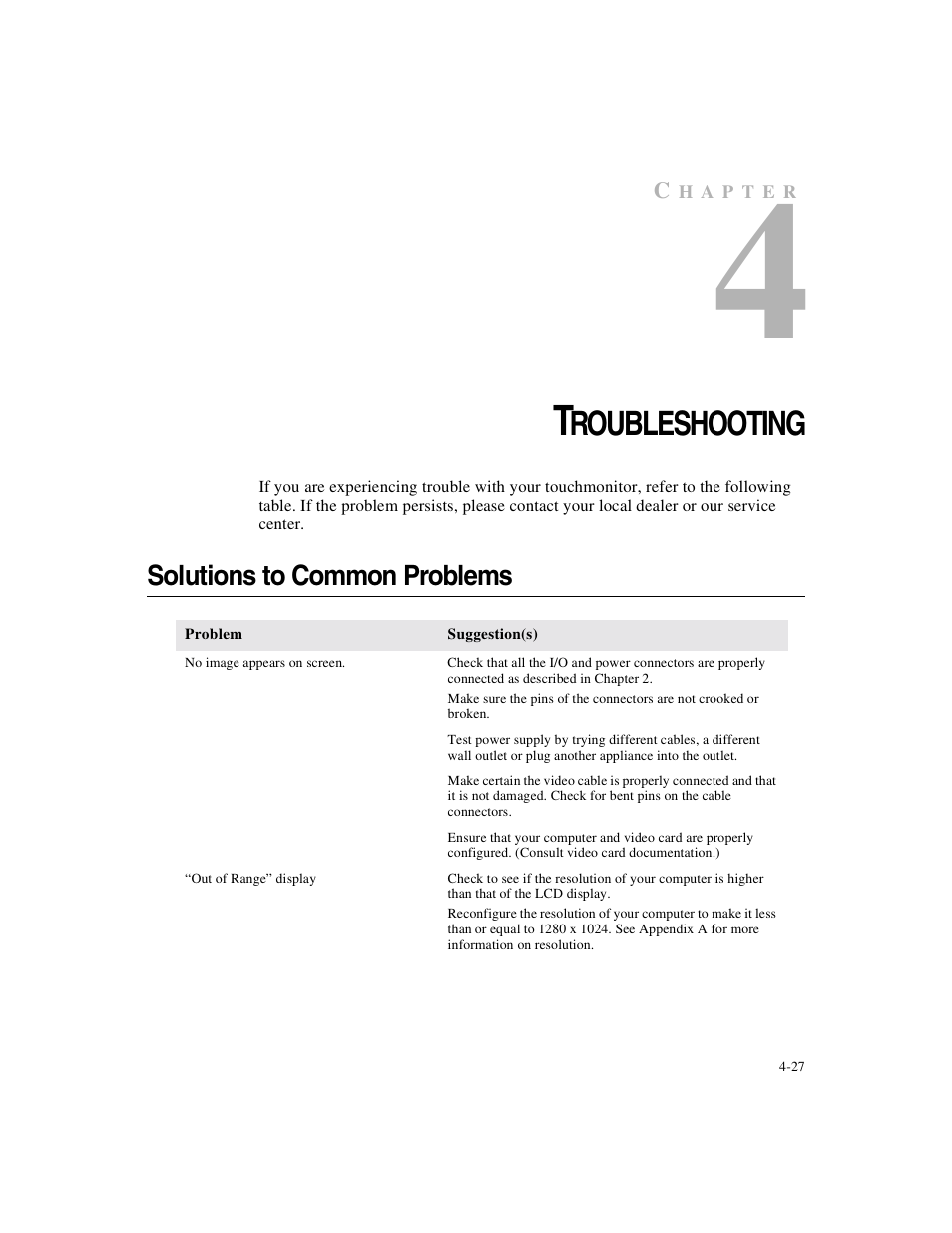 Roubleshooting, Solutions to common problems | Elo TouchSystems 1925L Series User Manual | Page 31 / 55