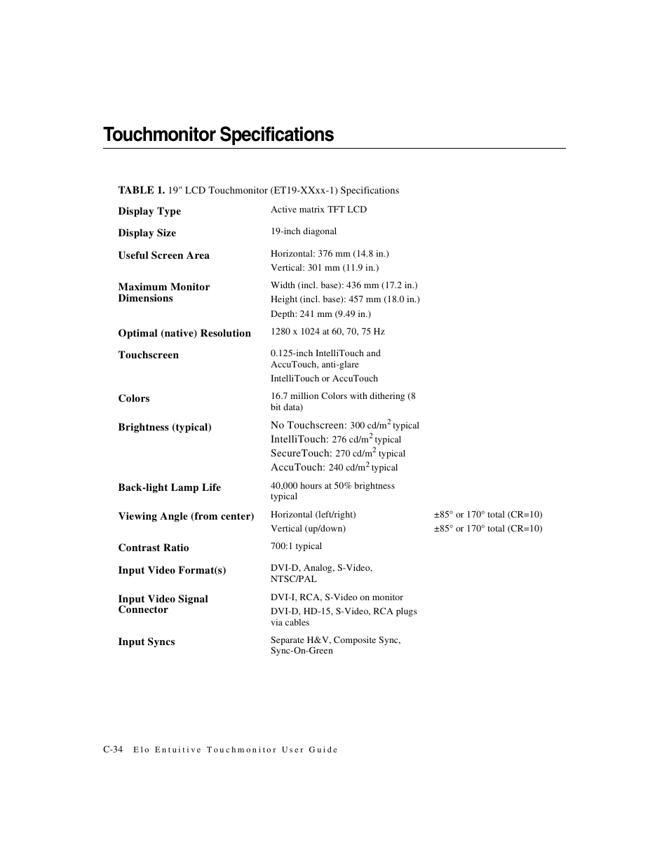 Touchmonitor specifications | Elo TouchSystems 1925L Series User Manual | Page 38 / 55