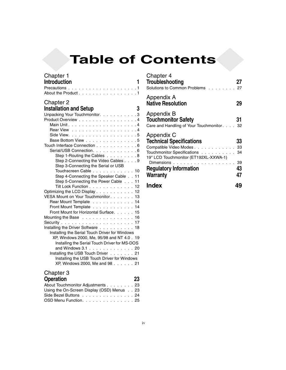 Elo TouchSystems 1925L Series User Manual | Page 4 / 55