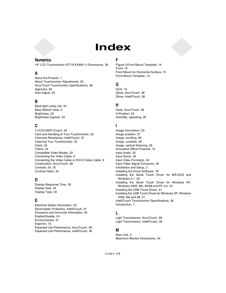 Index | Elo TouchSystems 1925L Series User Manual | Page 53 / 55