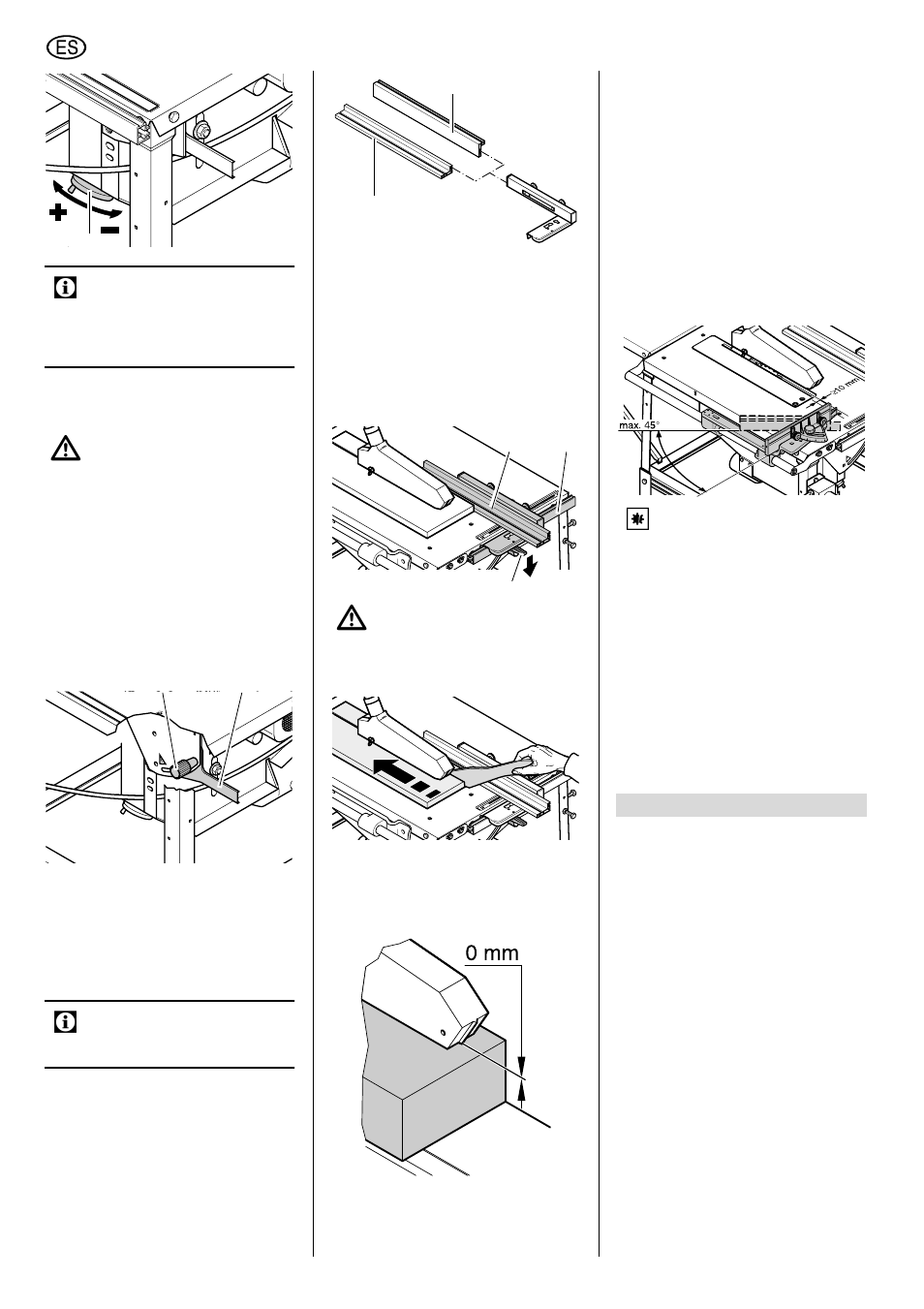 3 ajuste de la inclinación de la hoja de la sierra, 4 corte con tope paralelo, 5 corte con tope transversal | Consejos y artificios, 3 ajuste de la inclinación de, La hoja de la sierra, Español | Elektra Beckum TKHS 315 E/P User Manual | Page 58 / 64