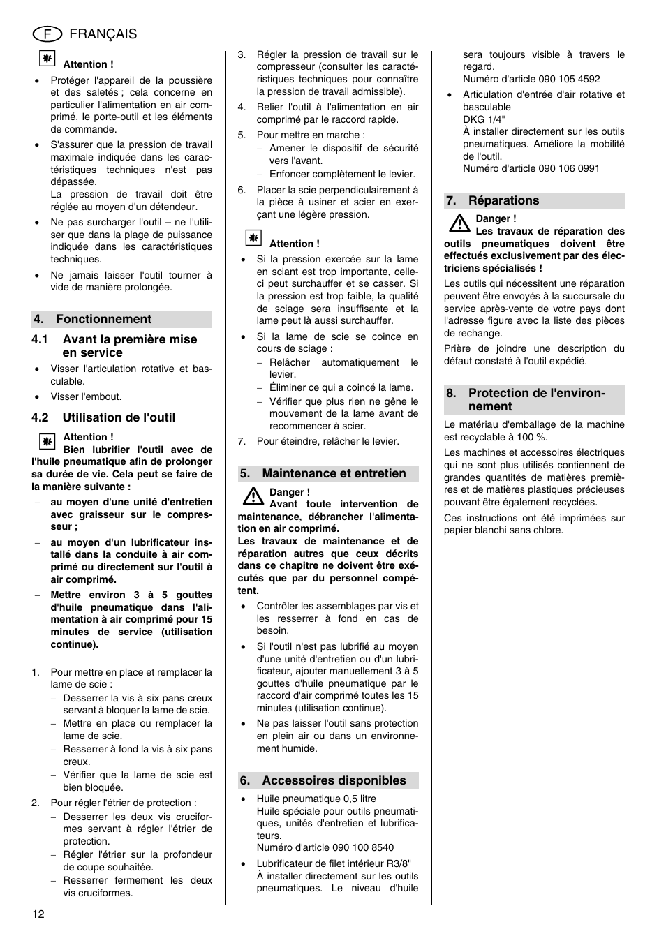 Fonctionnement, 1 avant la première mise en, Service | 2 utilisation de l'outil, Maintenance et entretien, Accessoires disponibles, Réparations, Protection de l'environnement, Français | Elektra Beckum KS 6000 User Manual | Page 12 / 44