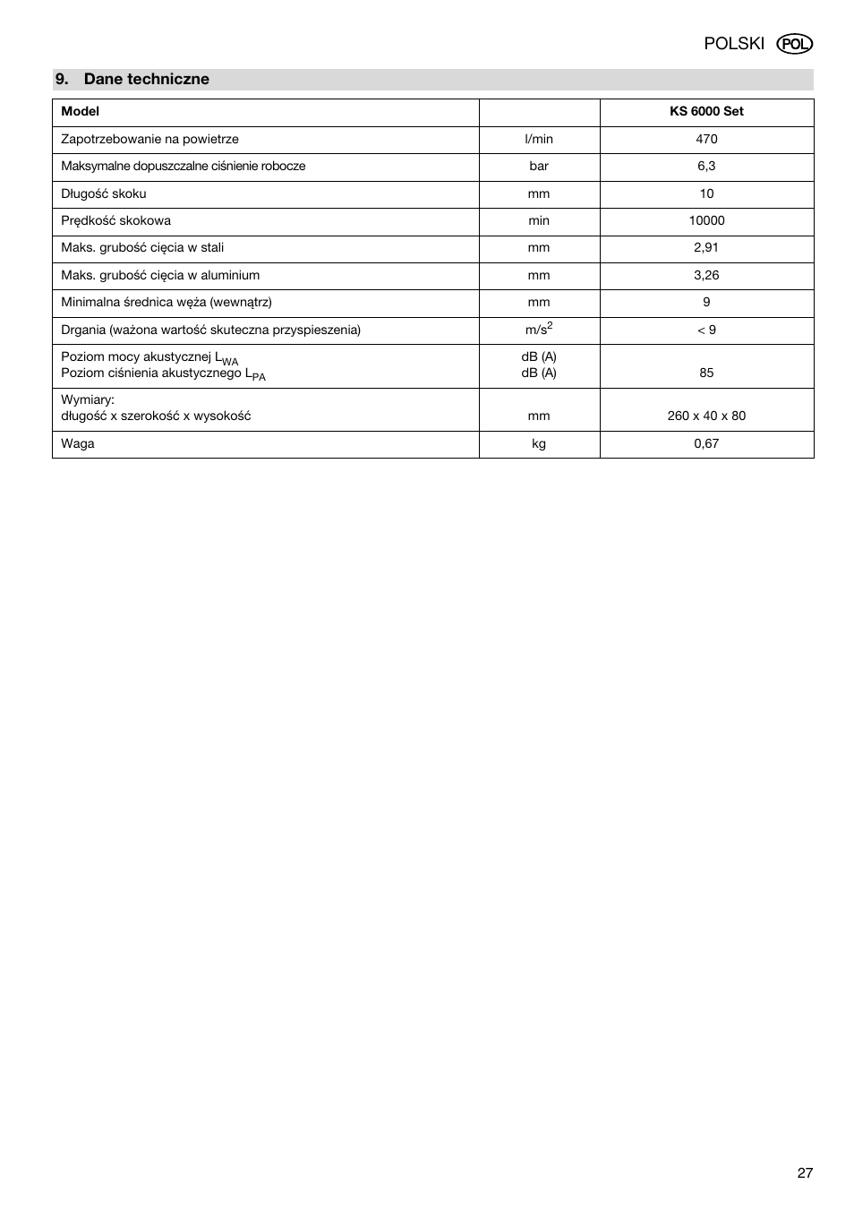 Dane techniczne, Polski | Elektra Beckum KS 6000 User Manual | Page 27 / 44