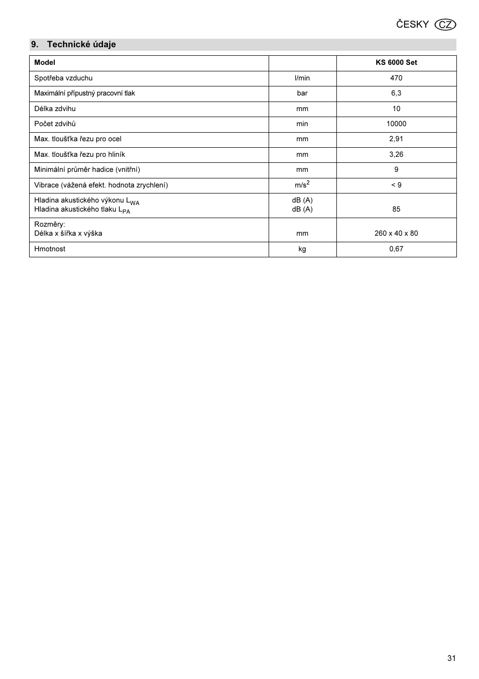 Technické údaje, Česky | Elektra Beckum KS 6000 User Manual | Page 31 / 44