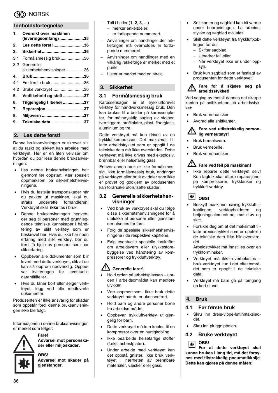 Norsk | Elektra Beckum KS 6000 User Manual | Page 36 / 44