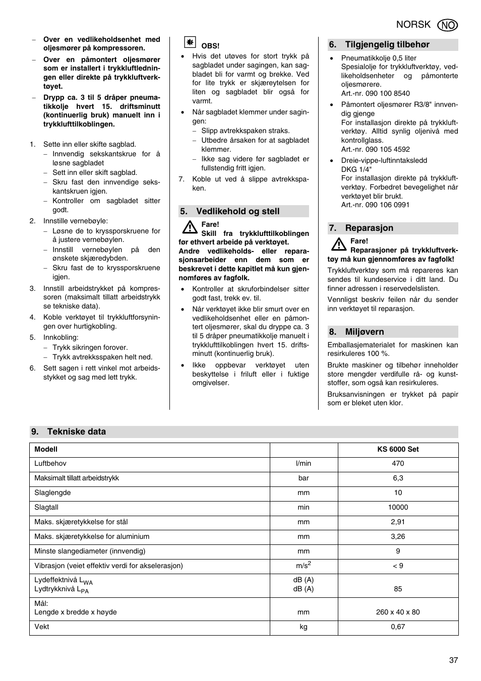 Vedlikehold og stell, Tilgjengelig tilbehør, Reparasjon | Miljøvern, Tekniske data, Norsk | Elektra Beckum KS 6000 User Manual | Page 37 / 44