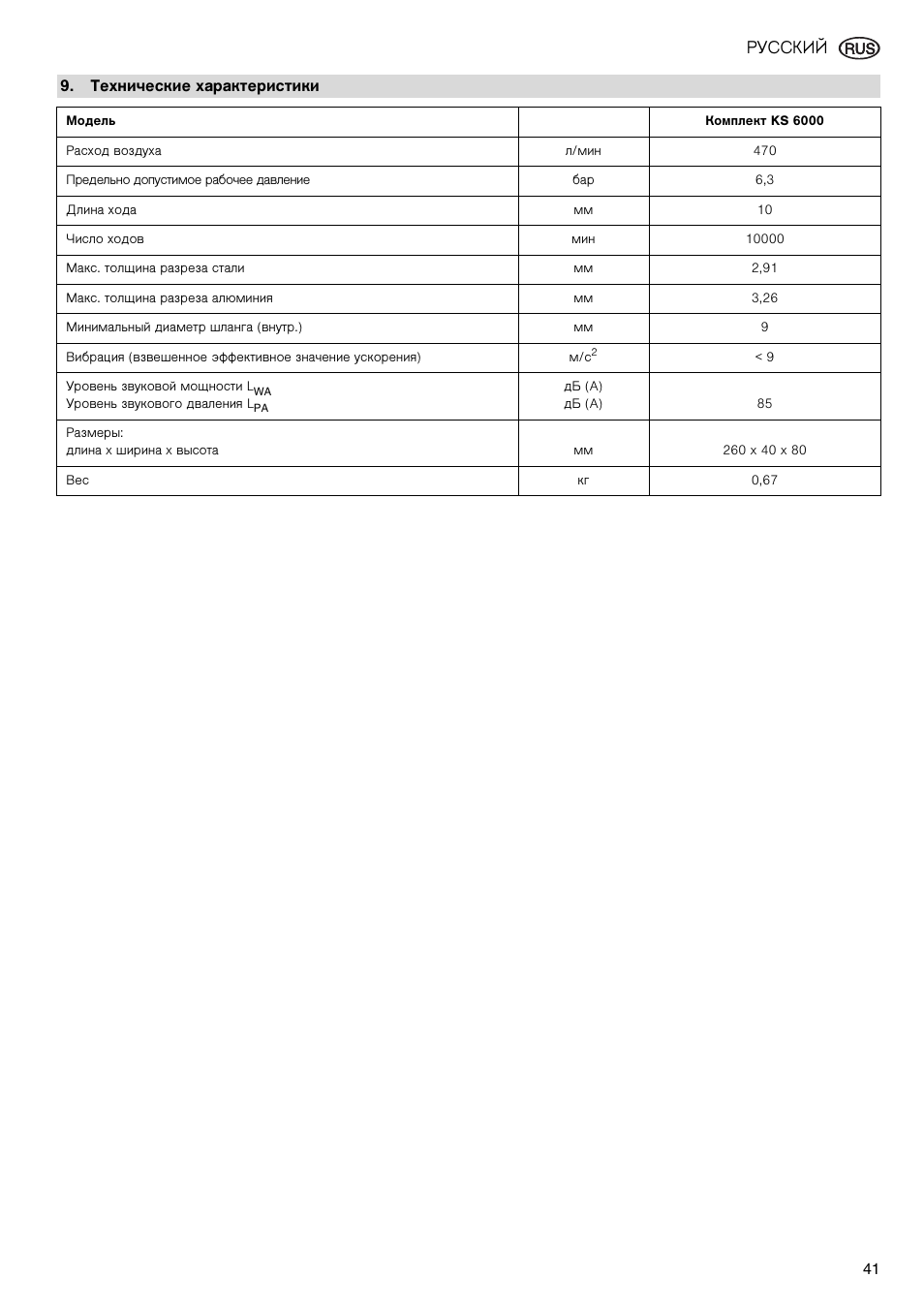 Технические характеристики, Русский | Elektra Beckum KS 6000 User Manual | Page 41 / 44