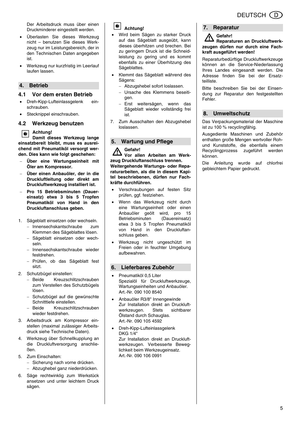 Deutsch | Elektra Beckum KS 6000 User Manual | Page 5 / 44