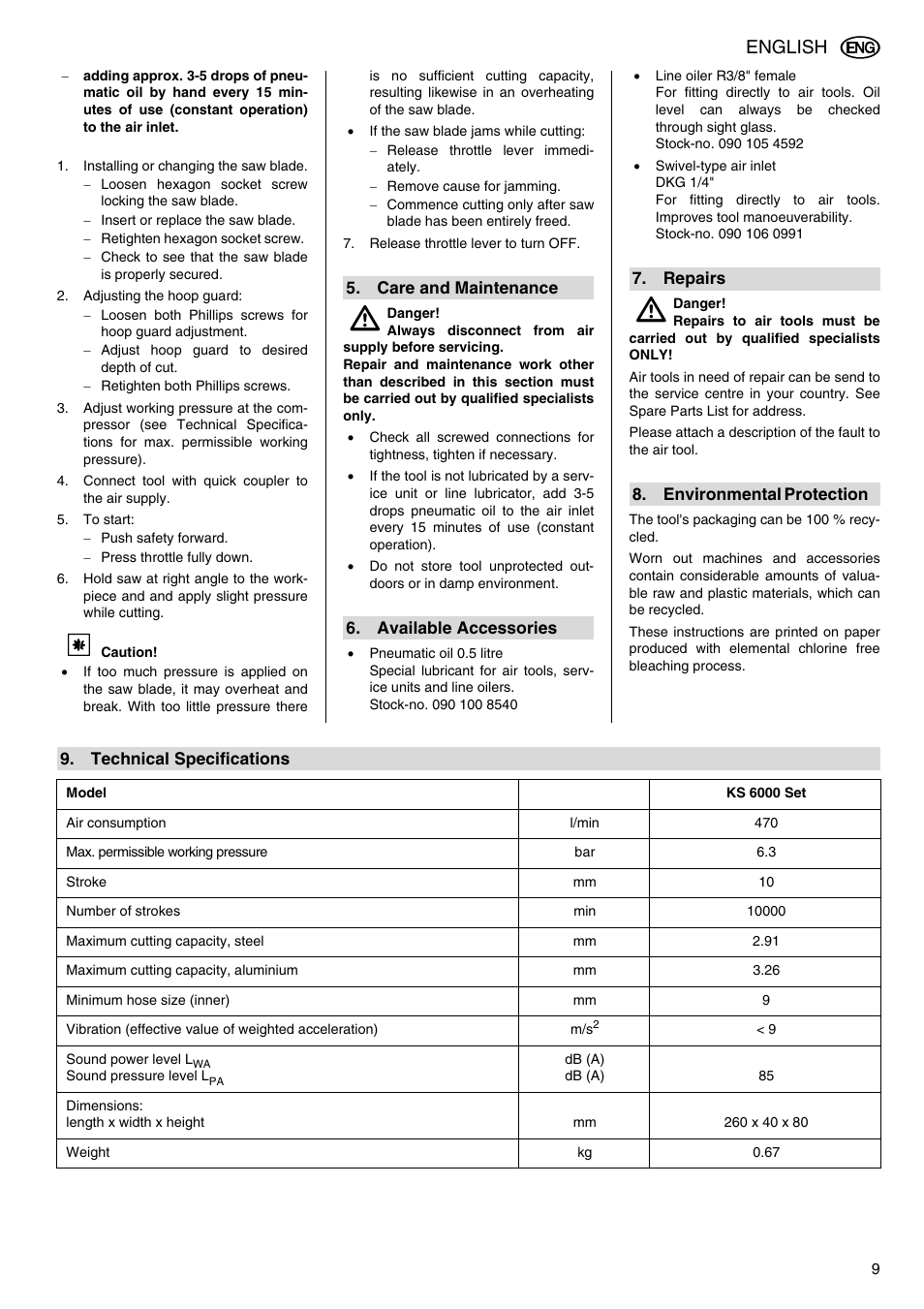 Care and maintenance, Available accessories, Repairs | Environmental protection, Technical specifications, English | Elektra Beckum KS 6000 User Manual | Page 9 / 44