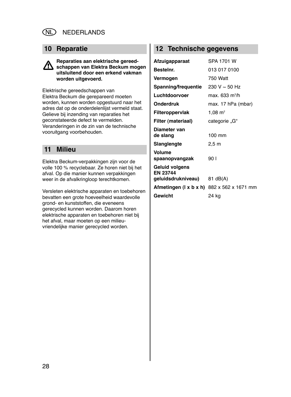 10 reparatie, 11 milieu, 12 technische gegevens | 28 nederlands | Elektra Beckum Metabo SPA 1701 User Manual | Page 10 / 11