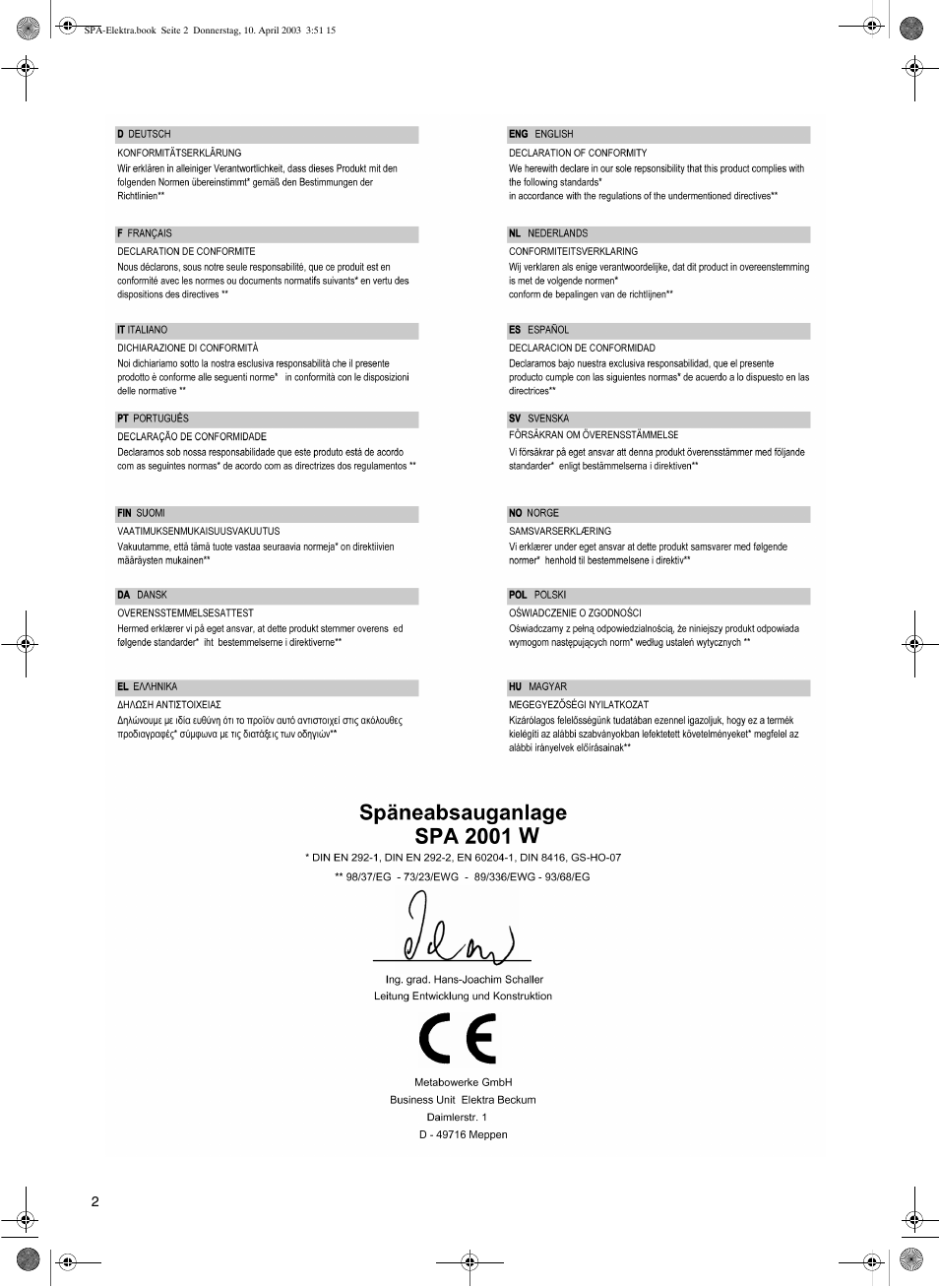 Elektra Beckum SPA 2001 W User Manual | Page 2 / 8