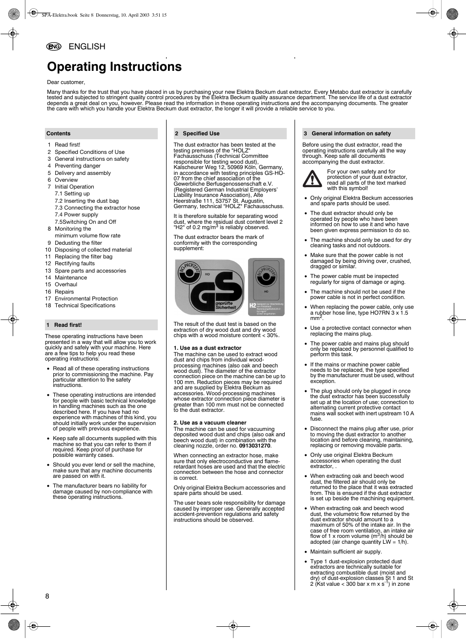 Operating instructions, English | Elektra Beckum SPA 2001 W User Manual | Page 4 / 8