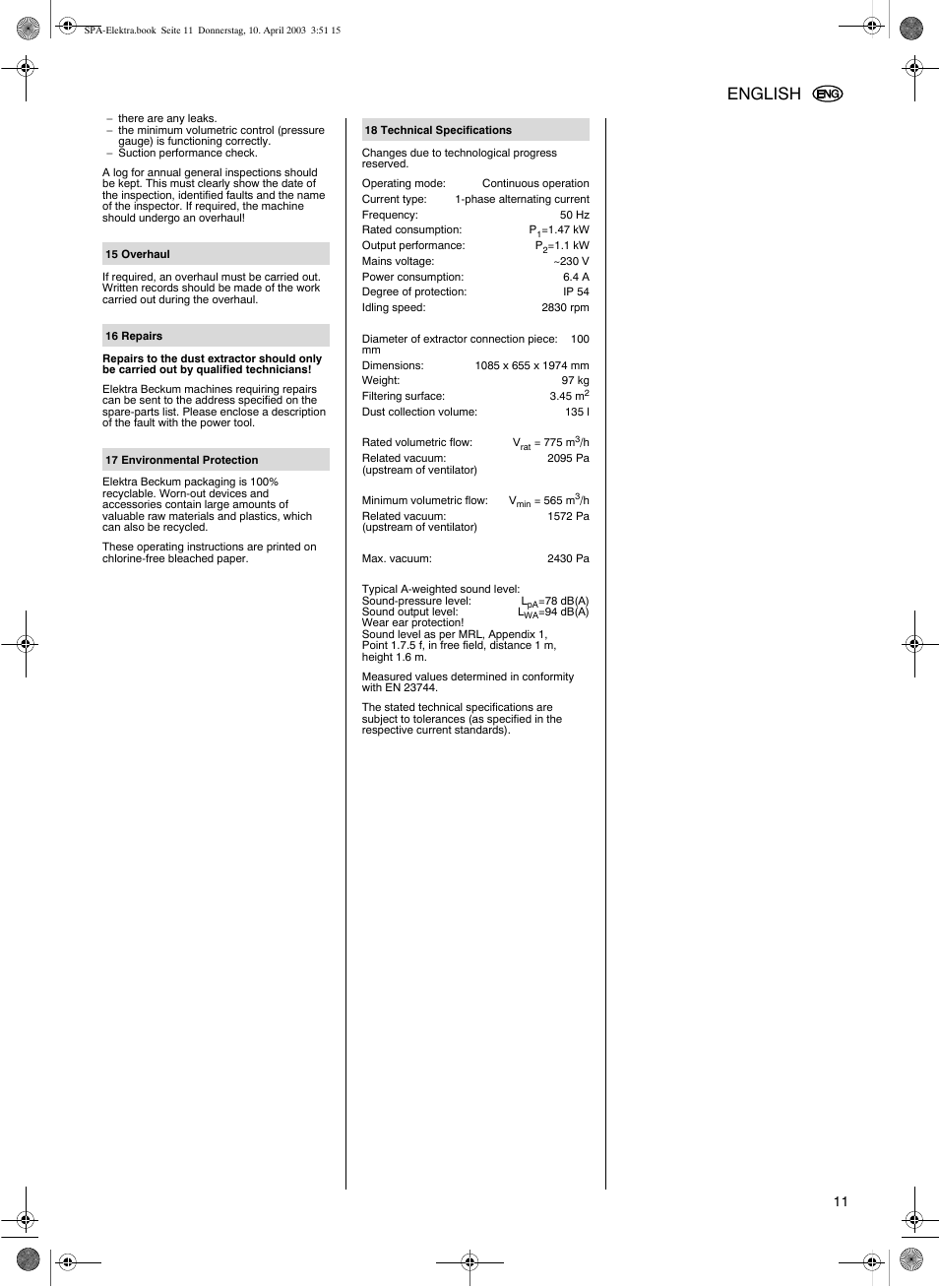 English | Elektra Beckum SPA 2001 W User Manual | Page 7 / 8