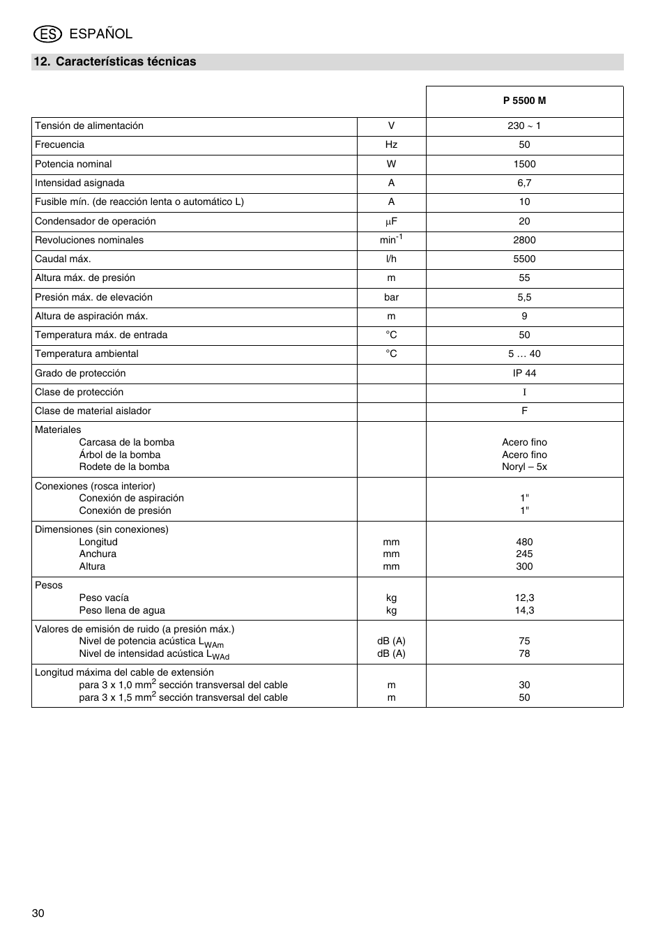 Español | Elektra Beckum Pump P 5500 M User Manual | Page 30 / 44