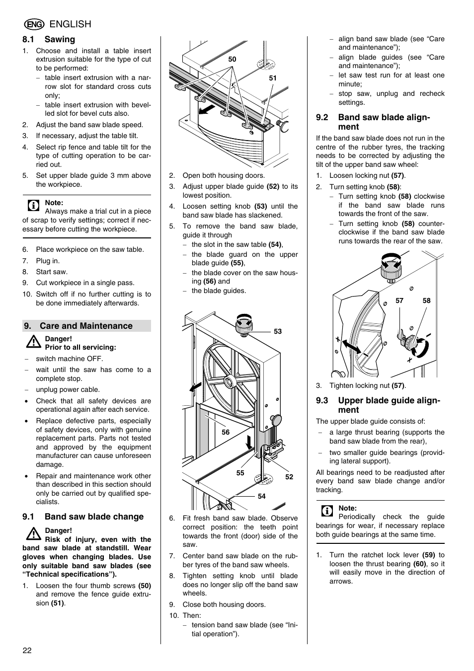 1 sawing, Care and maintenance, 1 band saw blade change | 2 band saw blade alignment, 3 upper blade guide alignment, English | Elektra Beckum BAS 316G DNB User Manual | Page 10 / 16