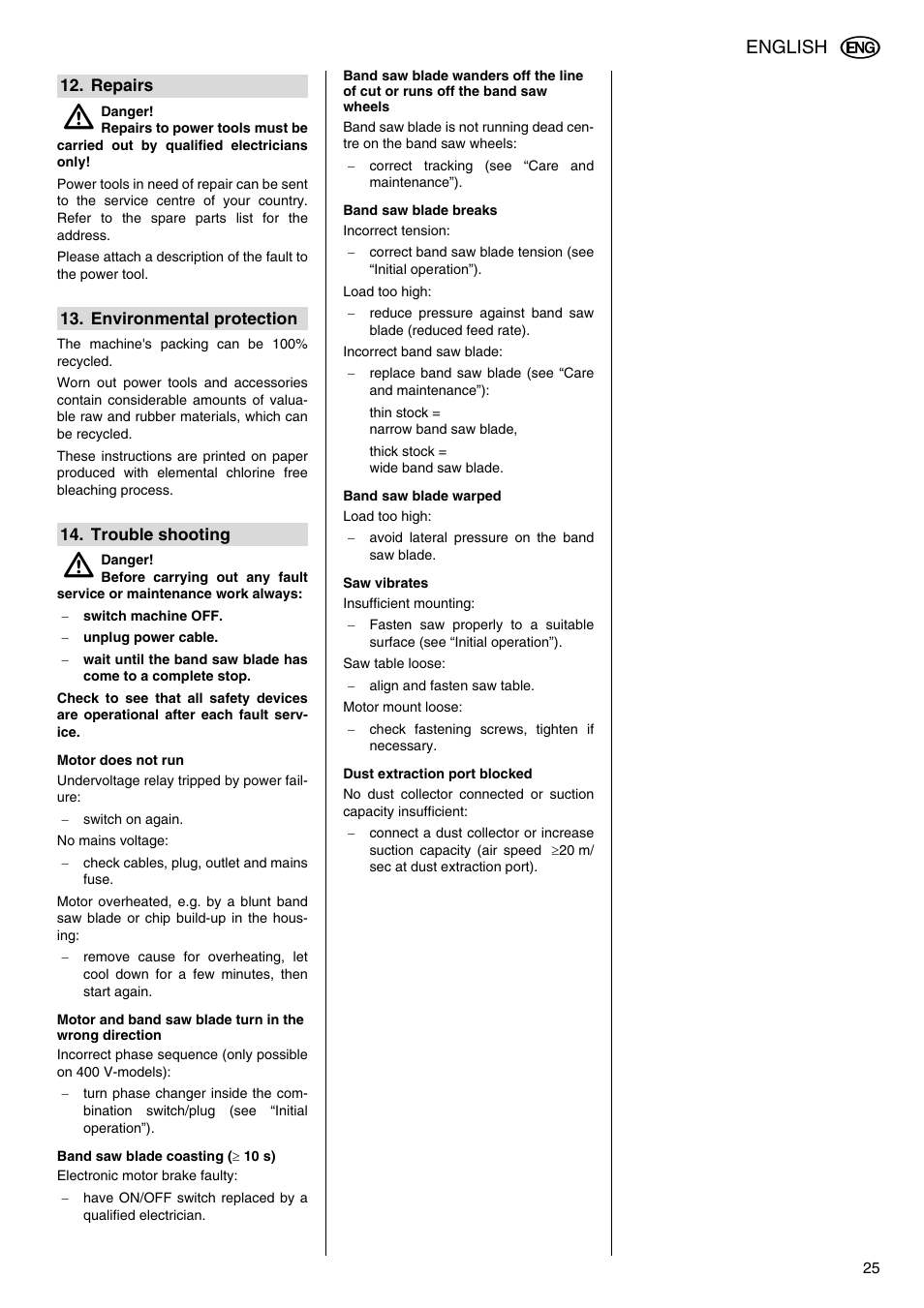 Repairs, Environmental protection, Trouble shooting | English | Elektra Beckum BAS 316G DNB User Manual | Page 13 / 16