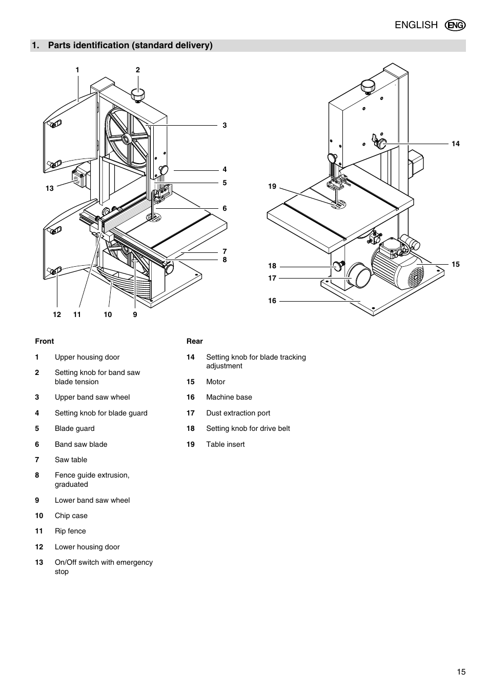 English, Parts identification (standard delivery) | Elektra Beckum BAS 316G DNB User Manual | Page 3 / 16