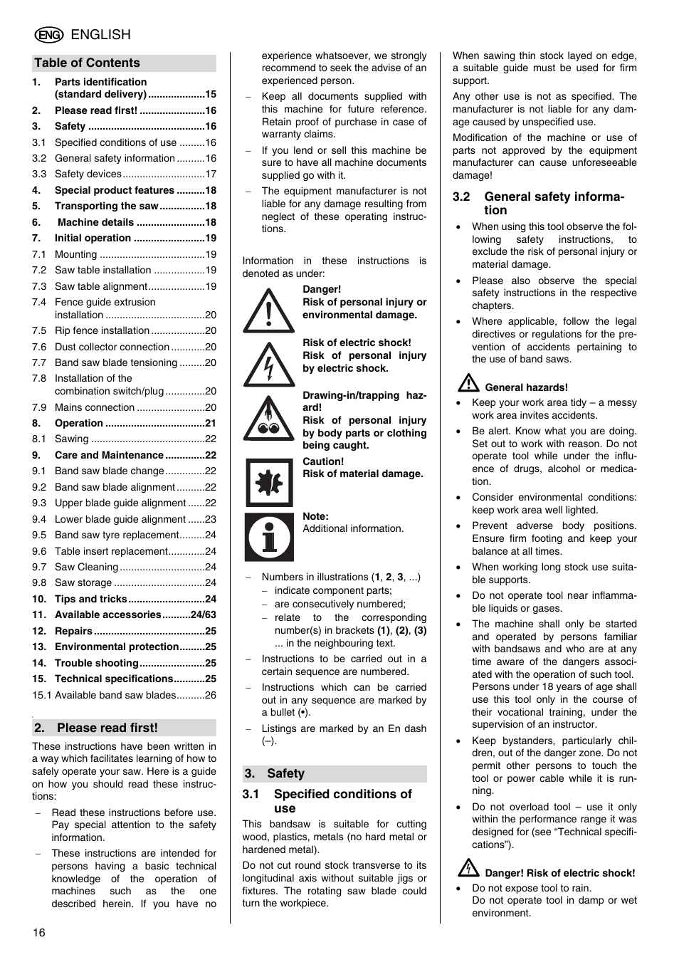 Please read first, Safety, 1 specified conditions of use | 2 general safety information, English | Elektra Beckum BAS 316G DNB User Manual | Page 4 / 16