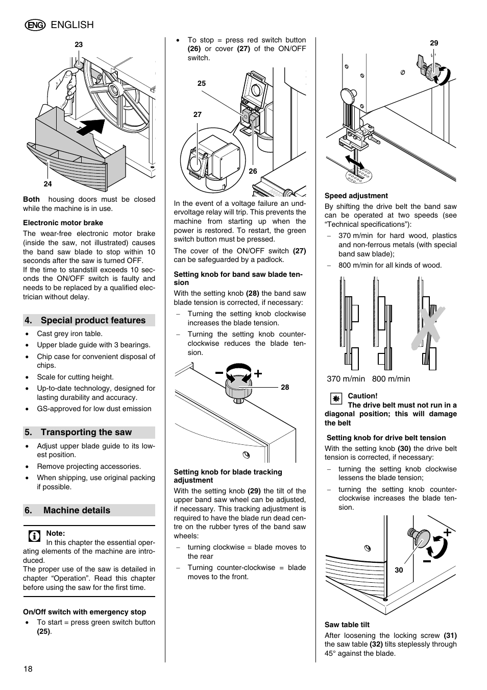 Special product features, Transporting the saw, Machine details | 23) . th, English | Elektra Beckum BAS 316G DNB User Manual | Page 6 / 16