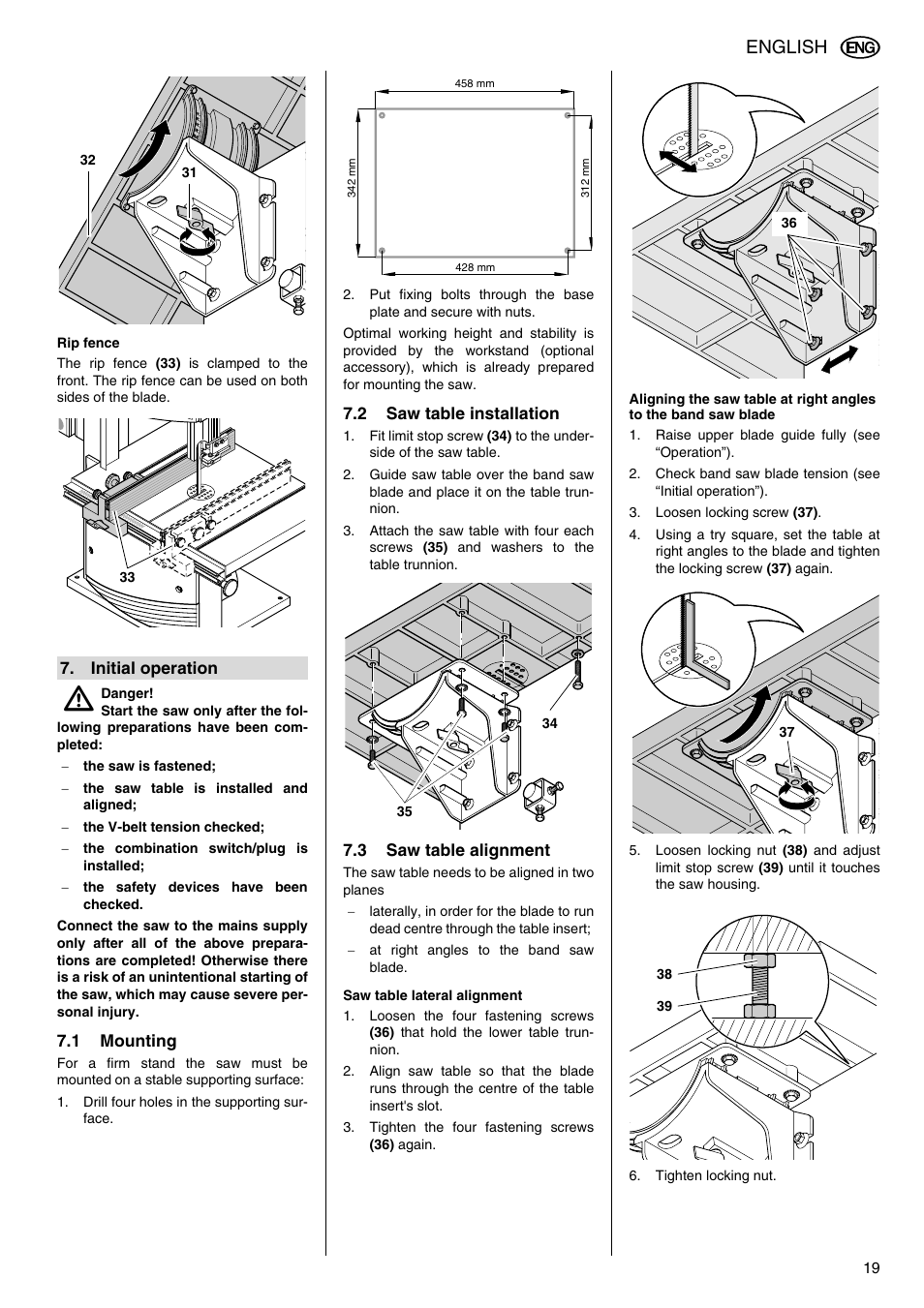 Initial operation, 1 mounting, 2 saw table installation | 3 saw table alignment, Ng screw (31), English | Elektra Beckum BAS 316G DNB User Manual | Page 7 / 16