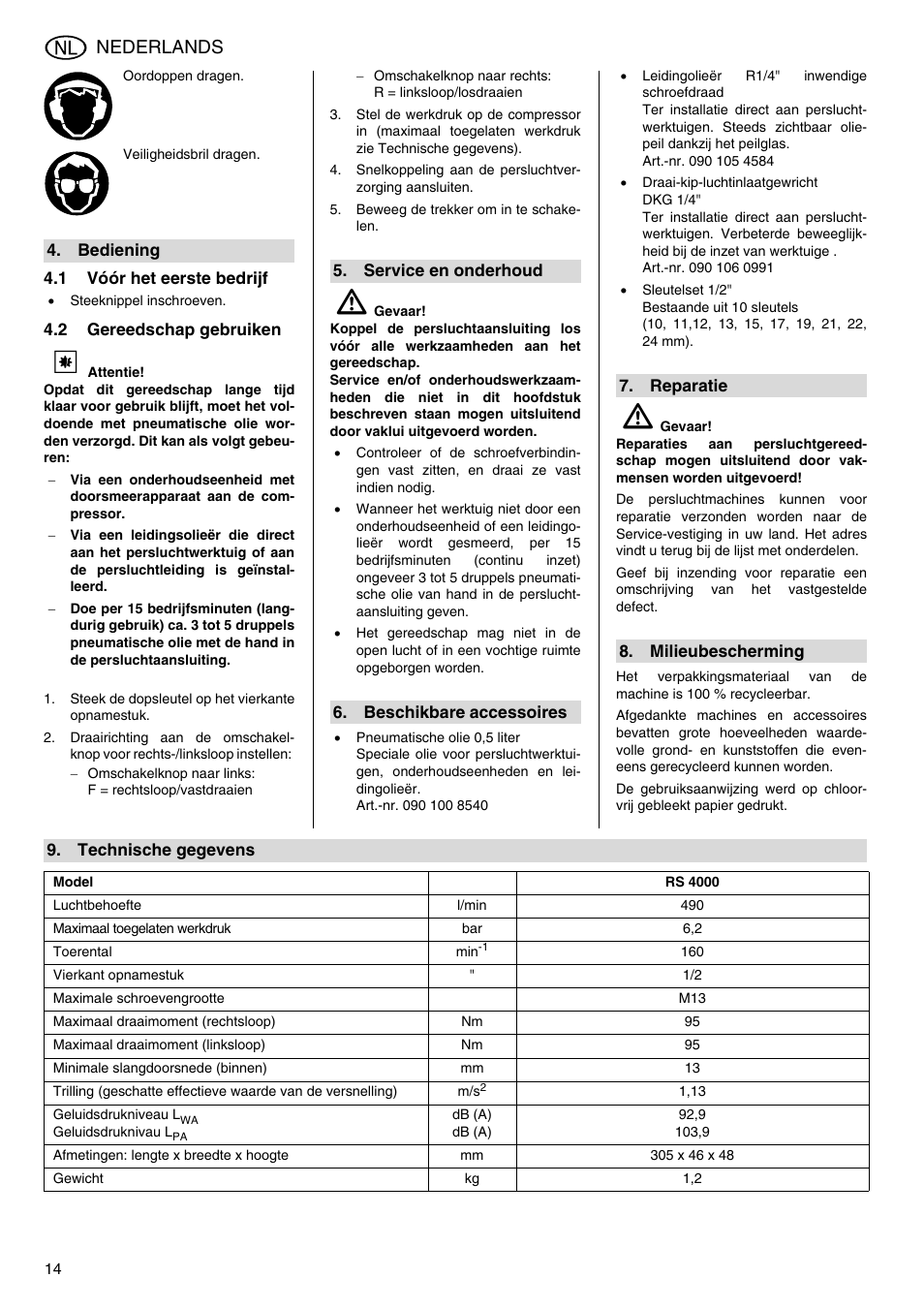 Nederlands | Elektra Beckum RS 4000 User Manual | Page 14 / 40