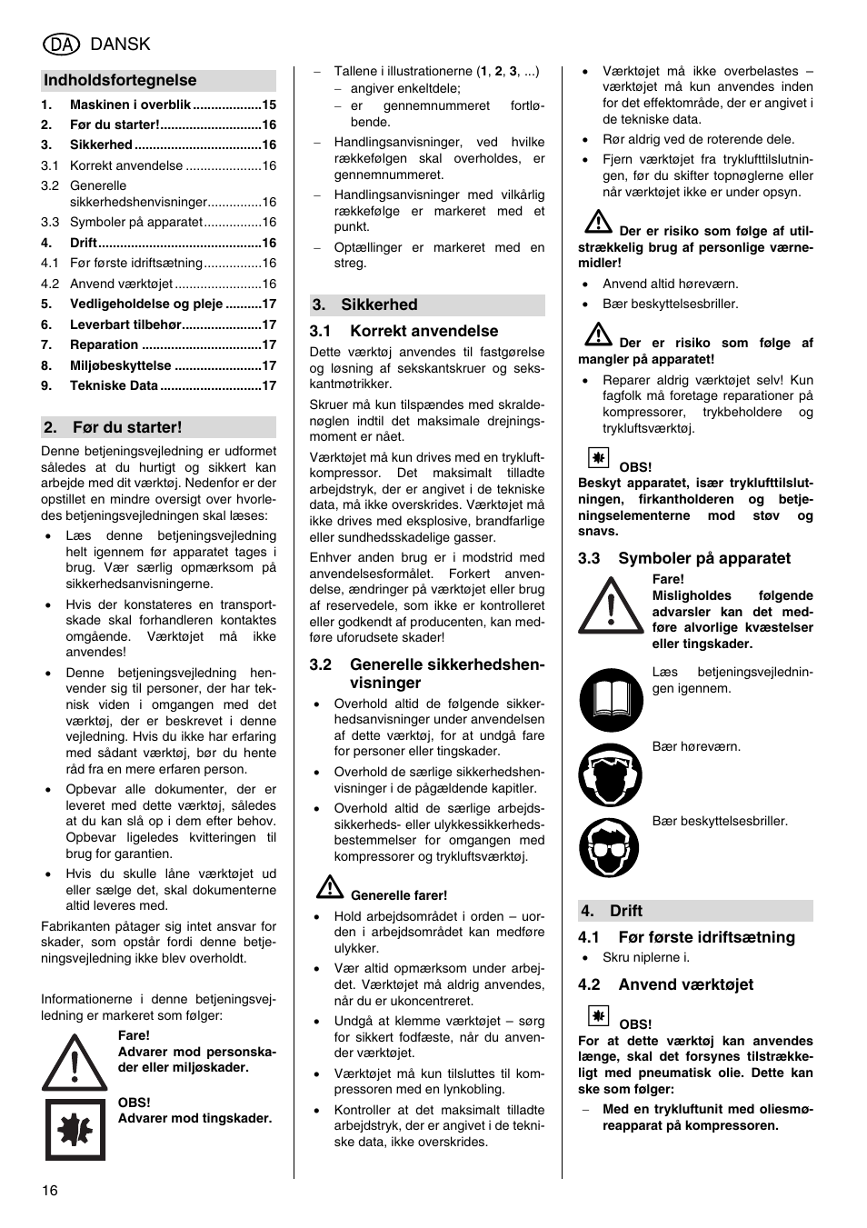 Dansk | Elektra Beckum RS 4000 User Manual | Page 16 / 40