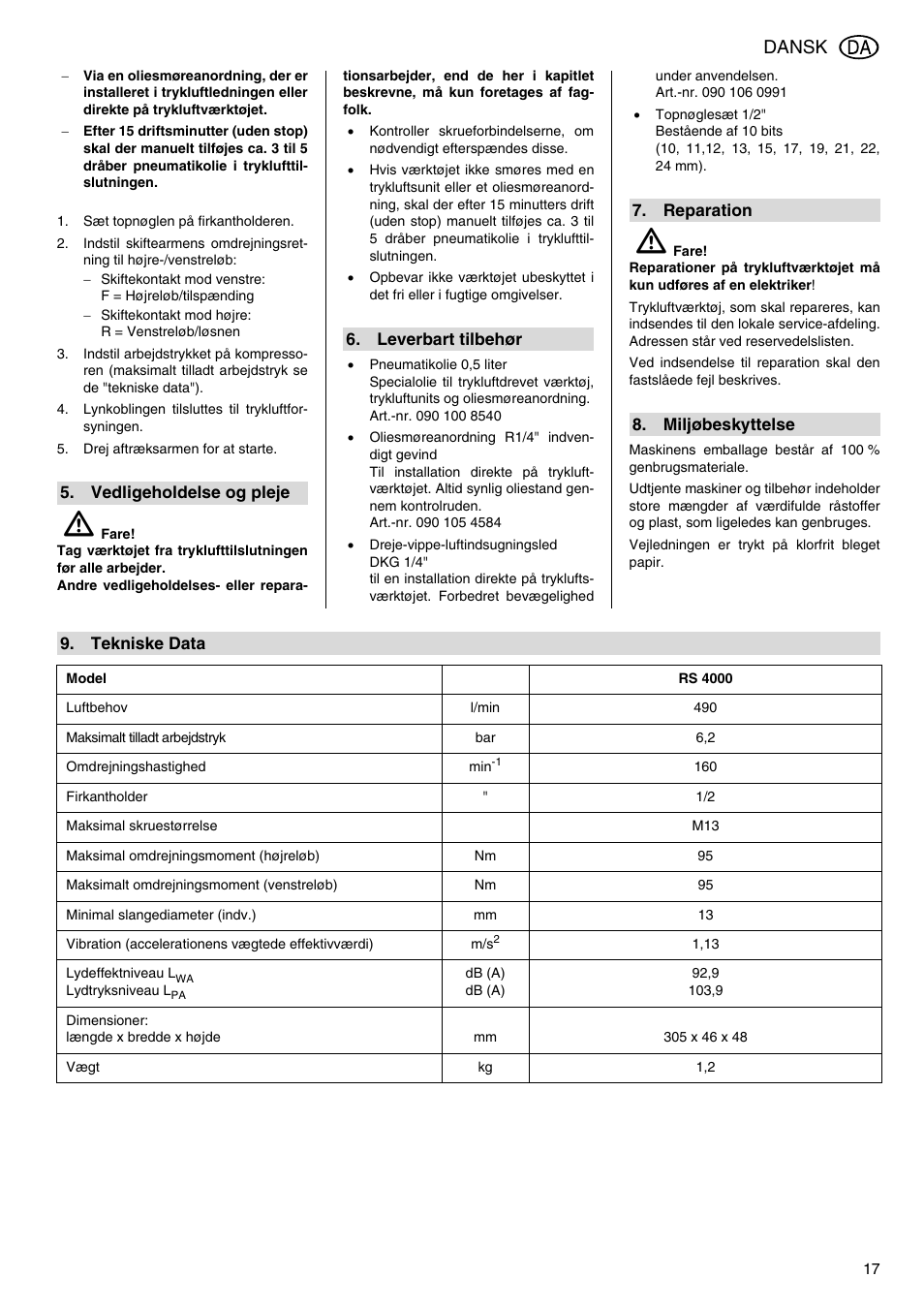 Dansk | Elektra Beckum RS 4000 User Manual | Page 17 / 40