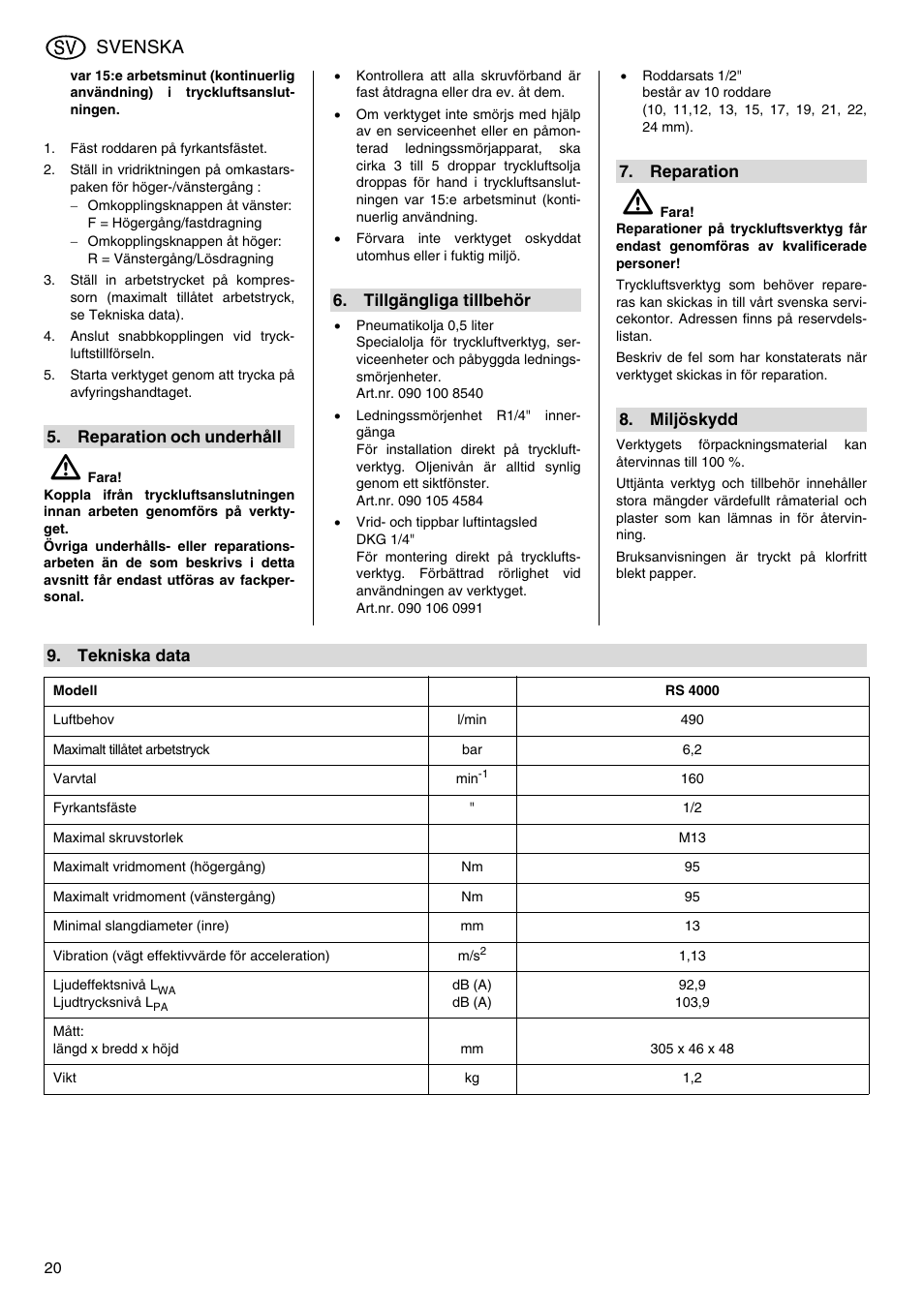 Svenska | Elektra Beckum RS 4000 User Manual | Page 20 / 40