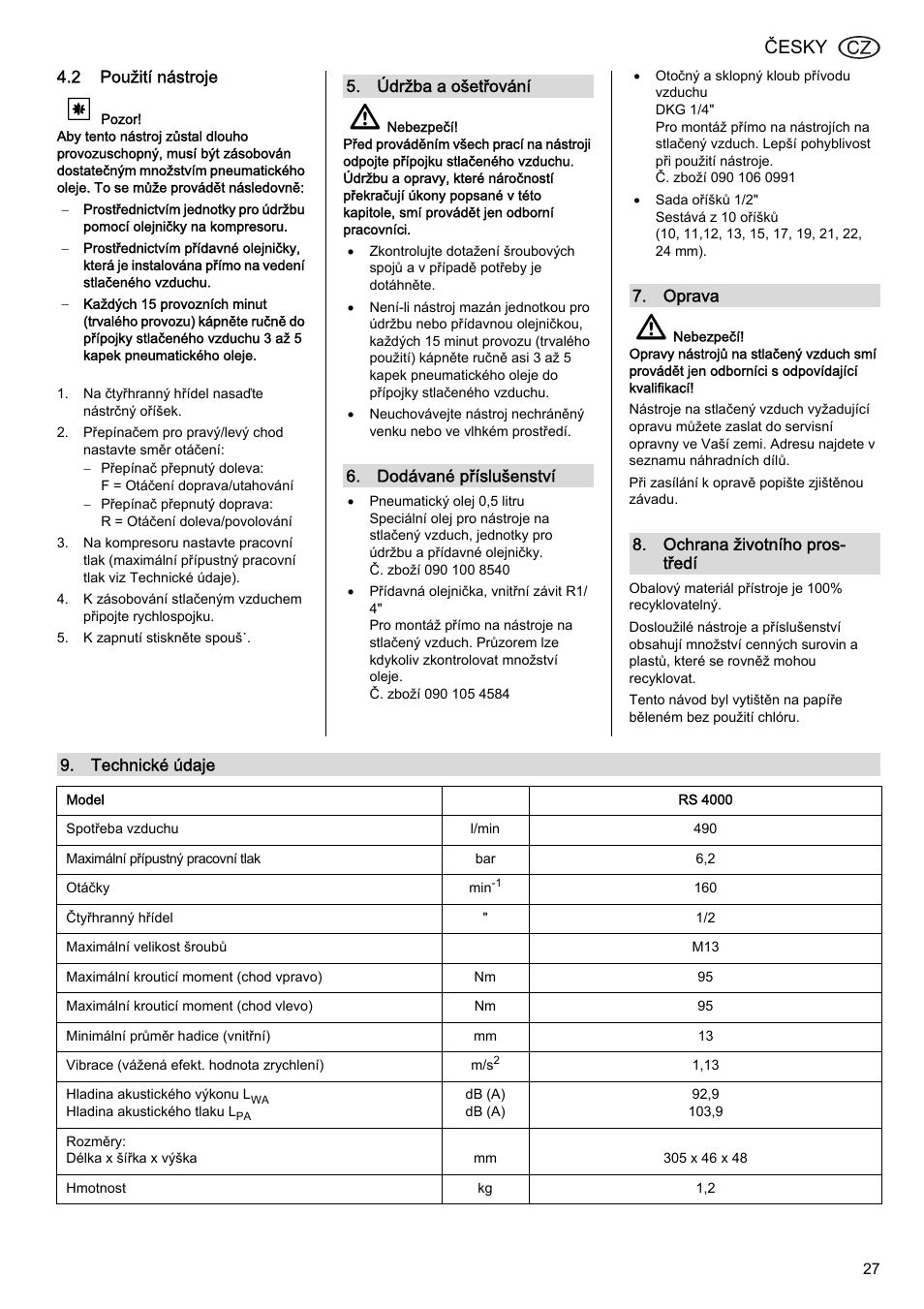 Česky | Elektra Beckum RS 4000 User Manual | Page 27 / 40
