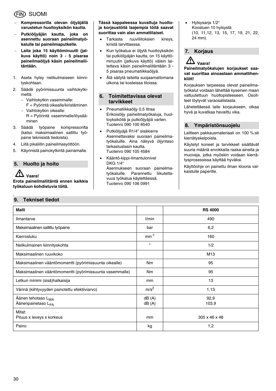 Suomi | Elektra Beckum RS 4000 User Manual | Page 30 / 40