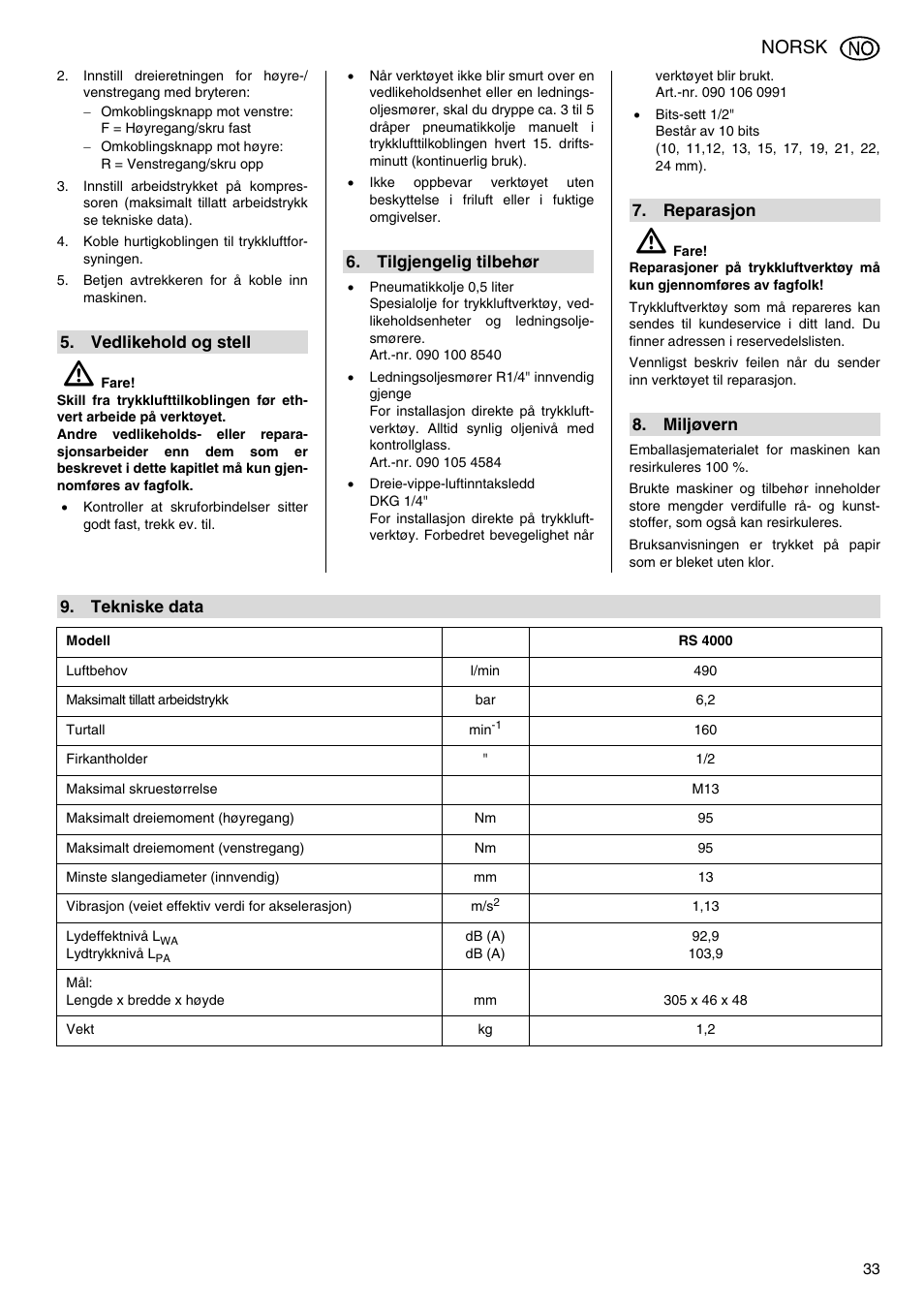 Norsk | Elektra Beckum RS 4000 User Manual | Page 33 / 40