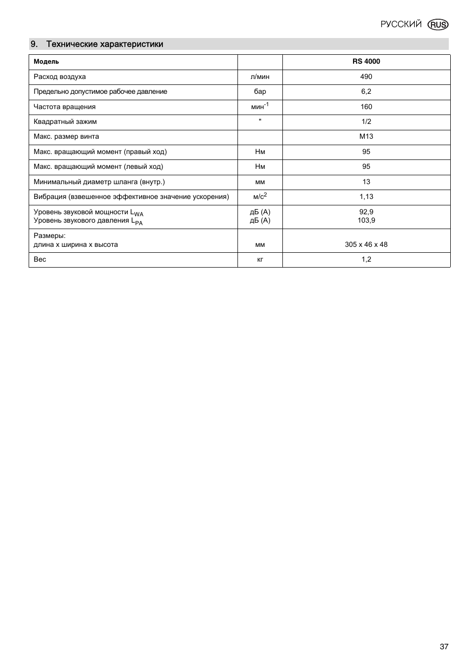 Русский | Elektra Beckum RS 4000 User Manual | Page 37 / 40