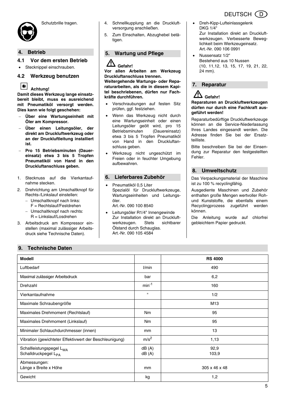 Deutsch | Elektra Beckum RS 4000 User Manual | Page 5 / 40