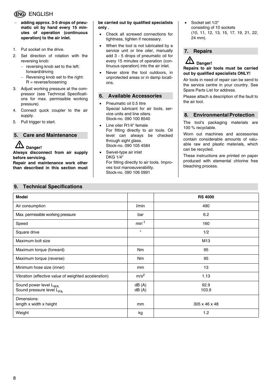 English | Elektra Beckum RS 4000 User Manual | Page 8 / 40