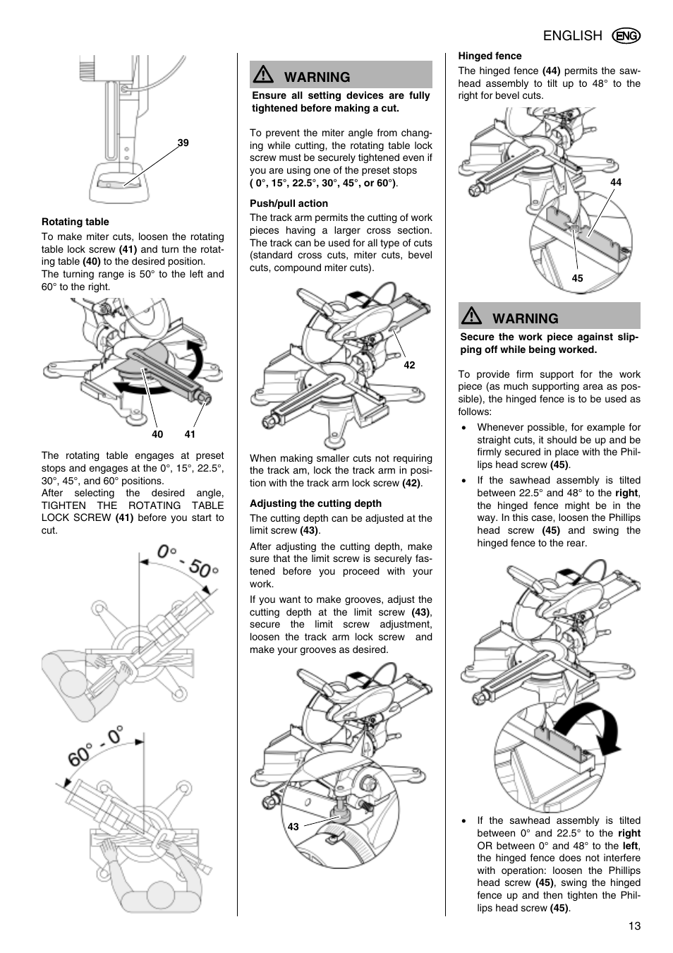 English, Warning | Elektra Beckum KGS 303 User Manual | Page 13 / 64