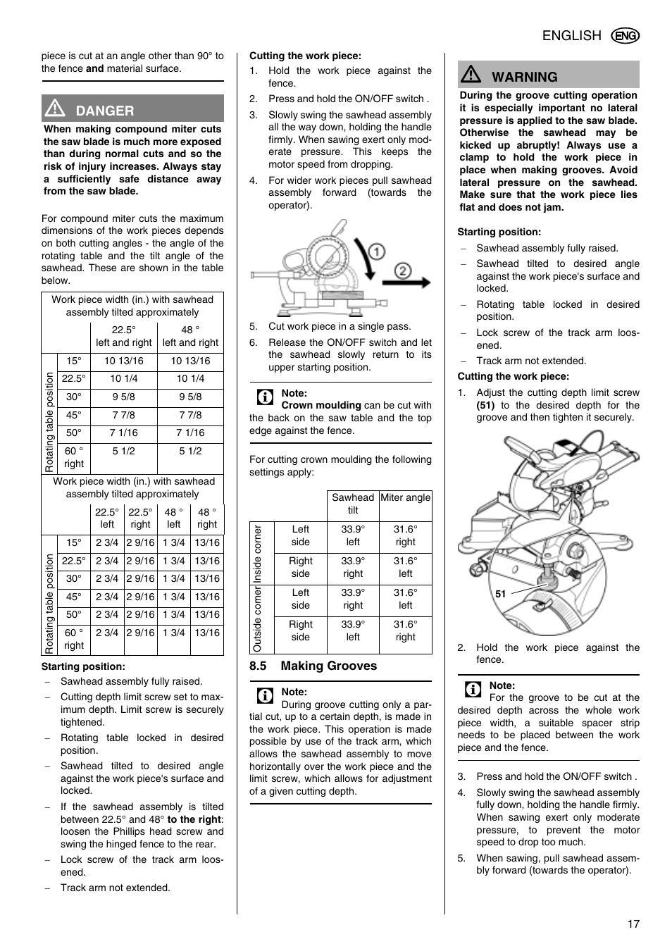 English, Danger, Warning | Elektra Beckum KGS 303 User Manual | Page 17 / 64