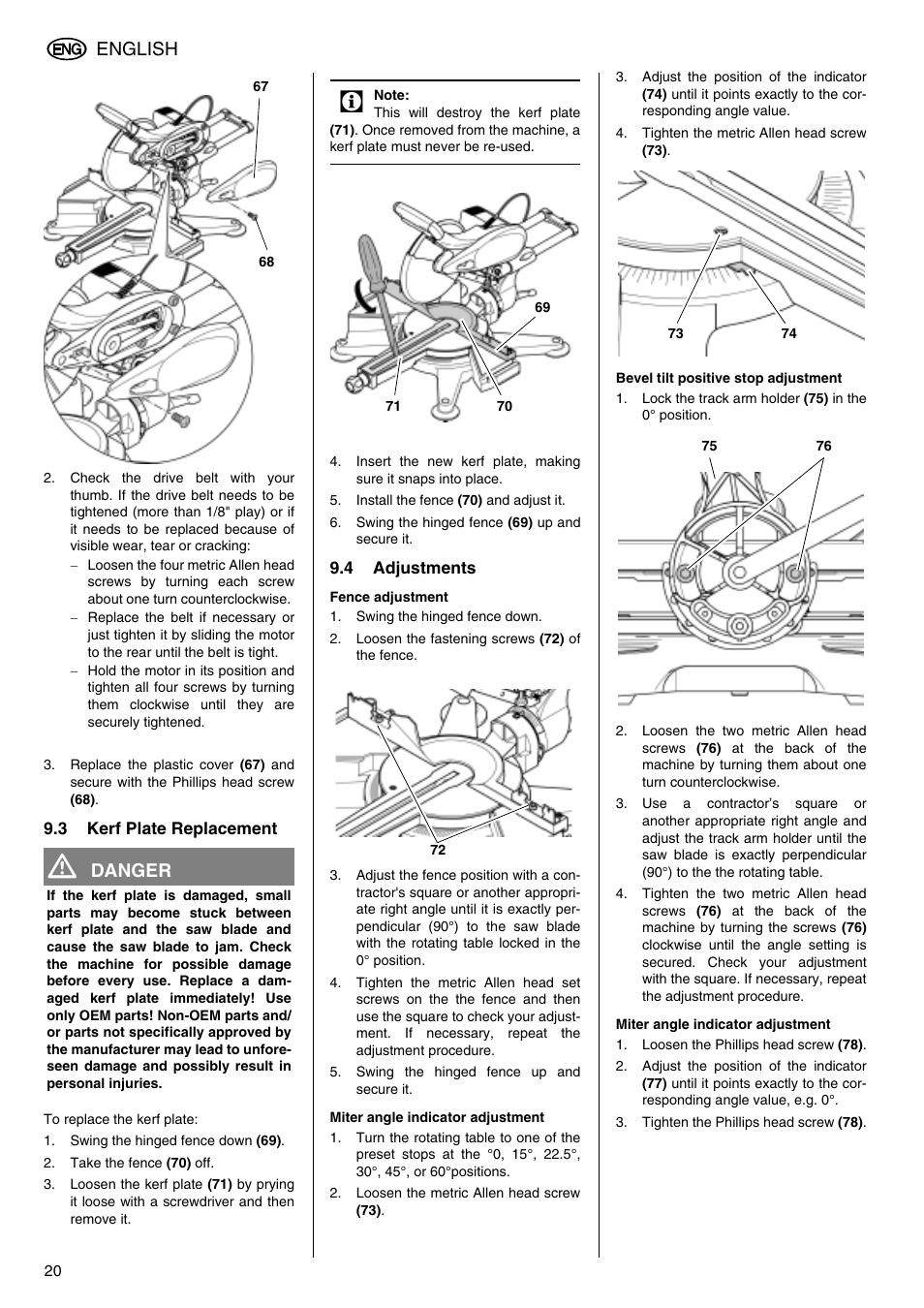 English, Danger | Elektra Beckum KGS 303 User Manual | Page 20 / 64