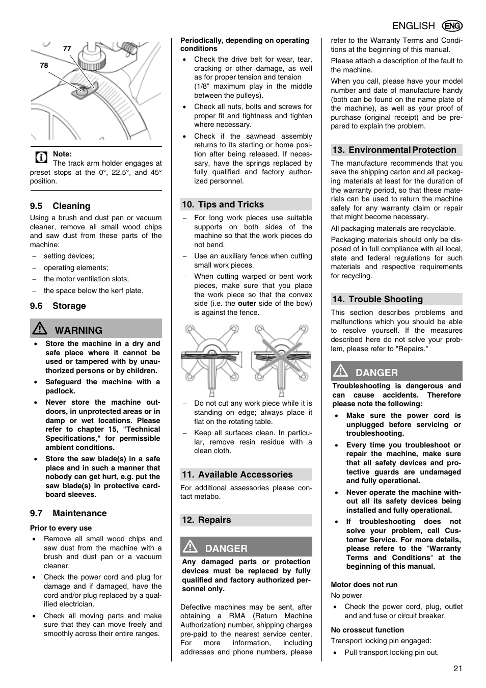 English, Warning, Danger | Elektra Beckum KGS 303 User Manual | Page 21 / 64