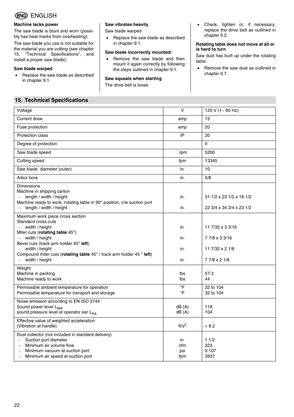 English | Elektra Beckum KGS 303 User Manual | Page 22 / 64