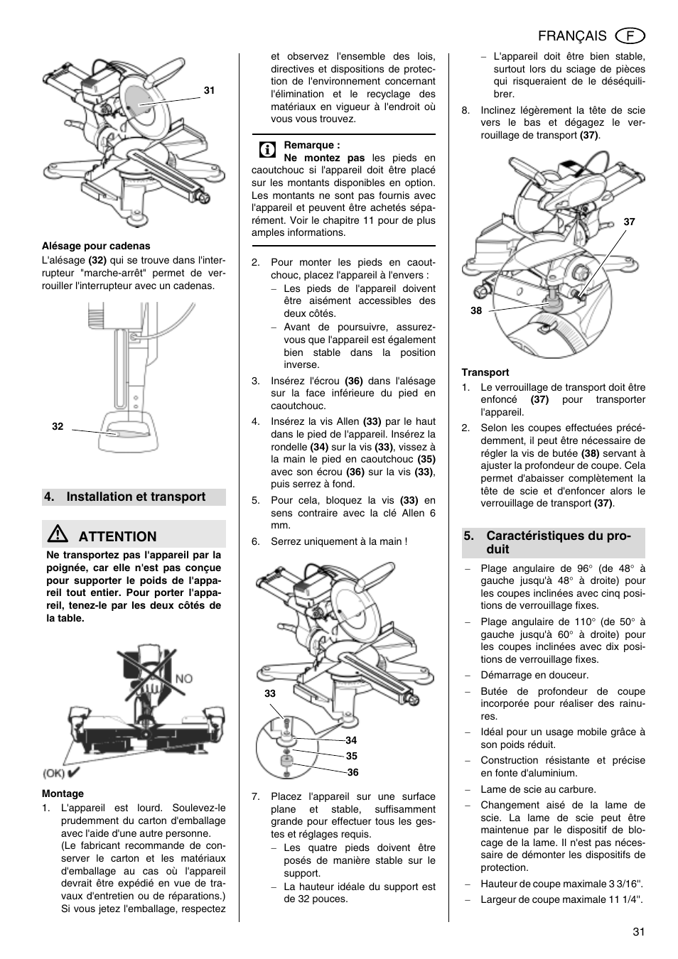 Français, Attention | Elektra Beckum KGS 303 User Manual | Page 31 / 64