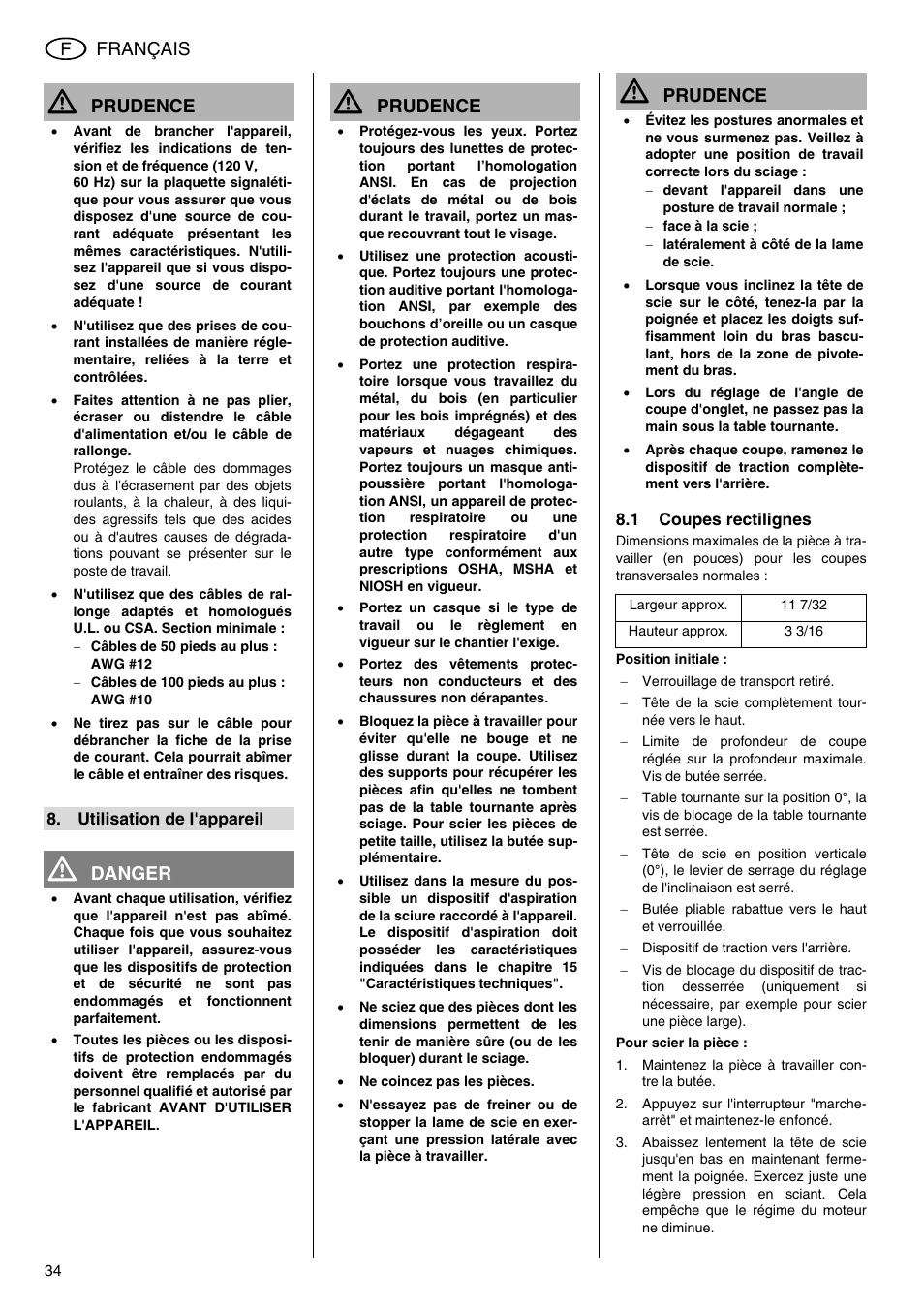 Français, Prudence, Danger | Elektra Beckum KGS 303 User Manual | Page 34 / 64