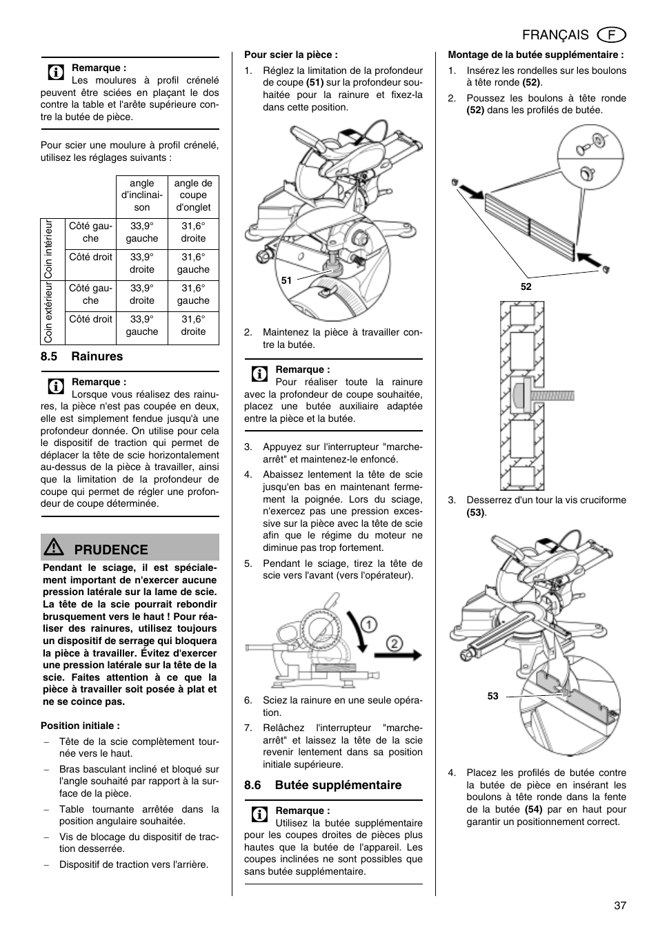 Français, Prudence | Elektra Beckum KGS 303 User Manual | Page 37 / 64