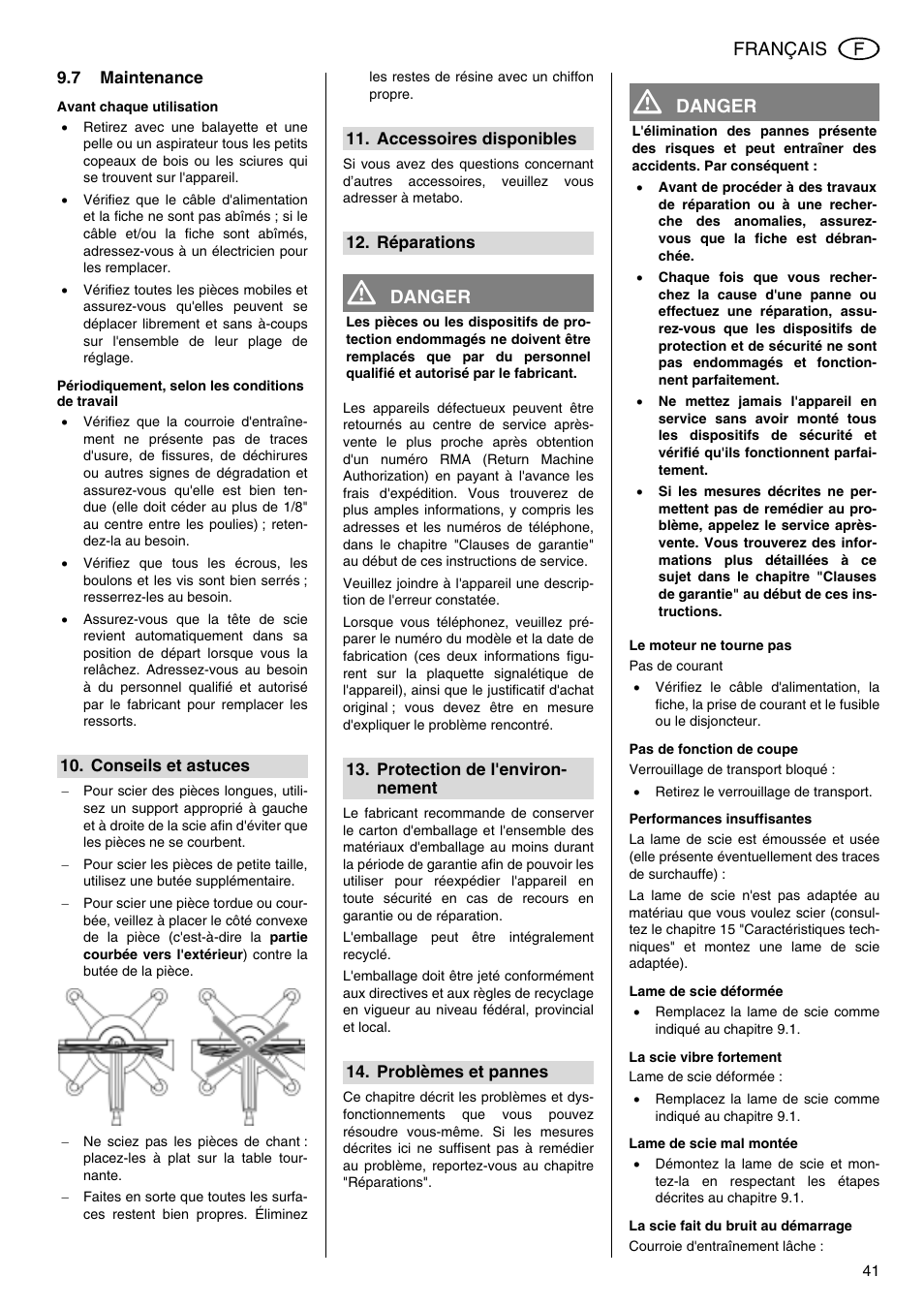 Français, Danger | Elektra Beckum KGS 303 User Manual | Page 41 / 64